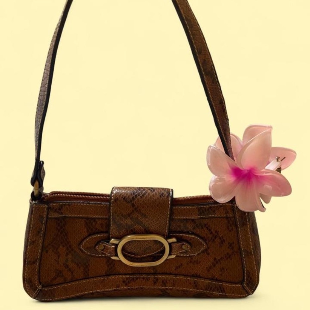 Brown Snake Print Shoulder Bag with Pink Flower Accent